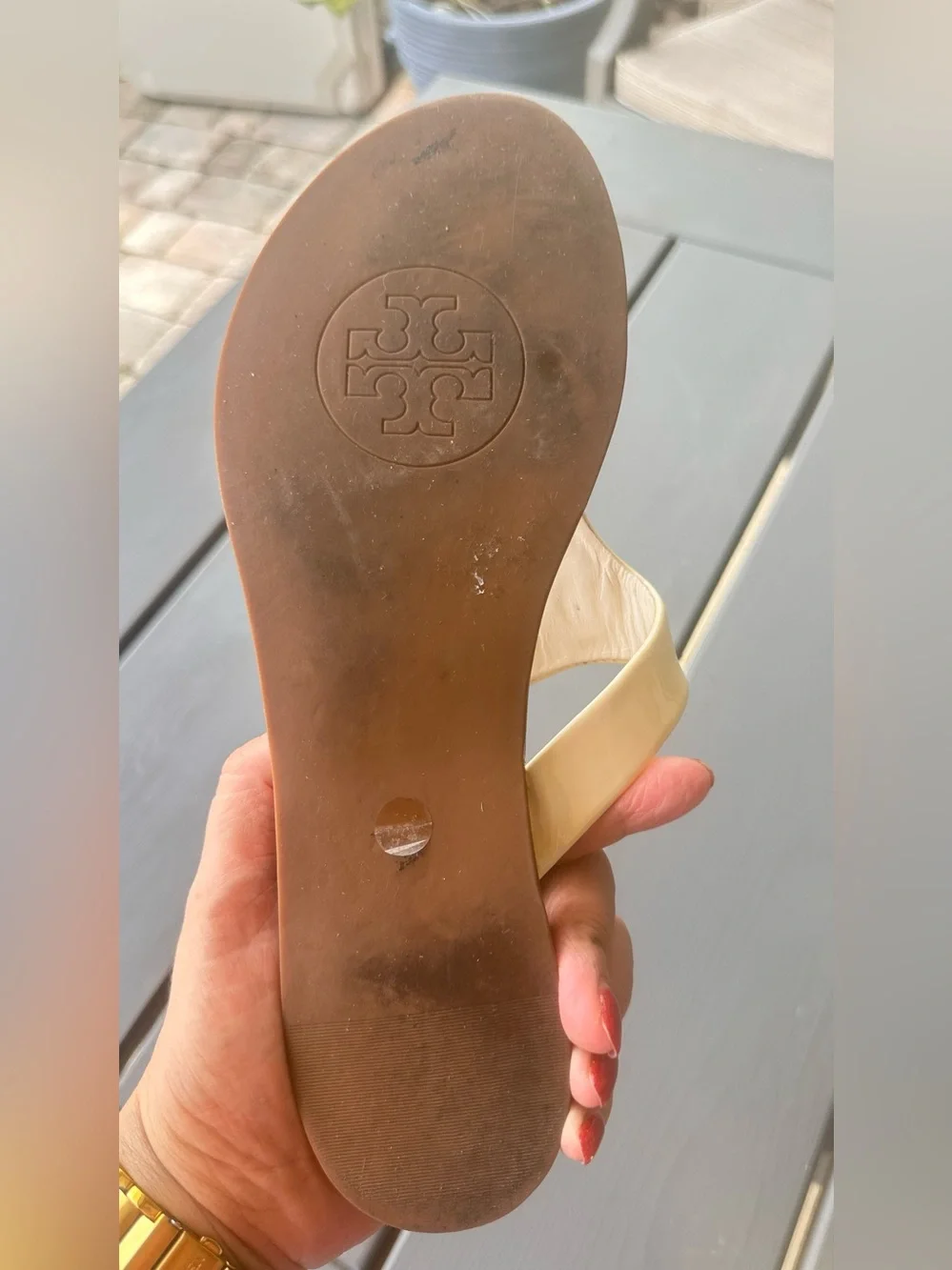 Tory Burch Cream Patent Leather Miller Thong Sandals Sz 8